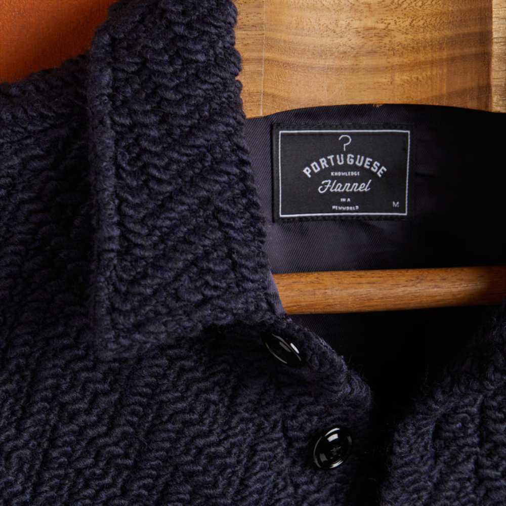 Portuguese Flannel Knitted Herringbone Overshirt in Navy