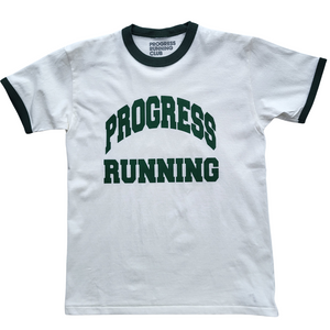Progress Running Club Ringer Varsity T-Shirt in Natural and Dark Green