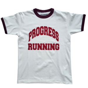 Progress Running Club Ringer Varsity T-Shirt in Natural and Burgundy