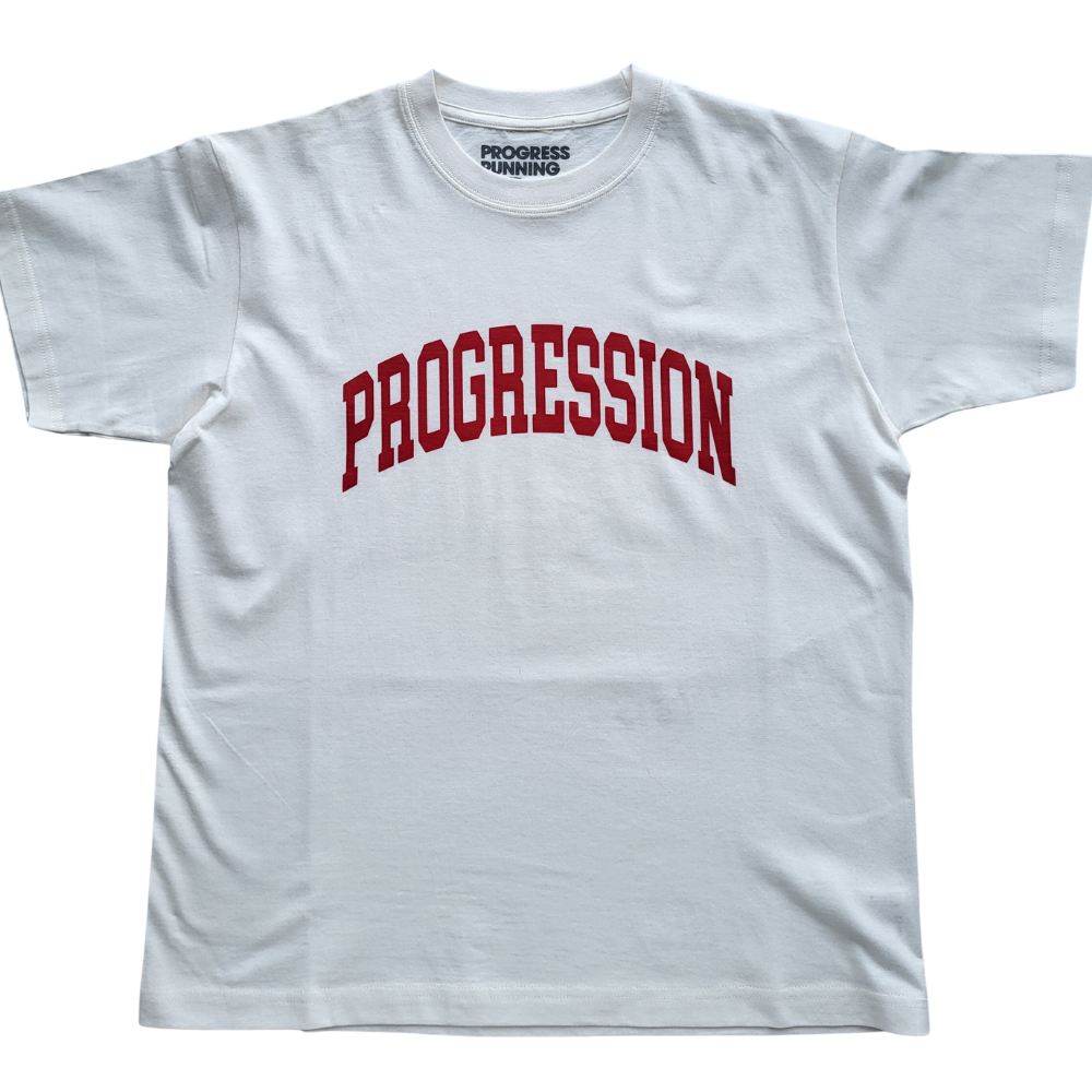 Progress Running Club Progression Arc T-Shirt in White and Red