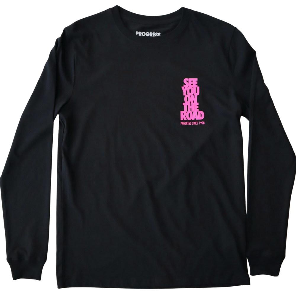 Progress Running Club See You On the Road Long Sleeve T-shirt in Black and Neon Pink