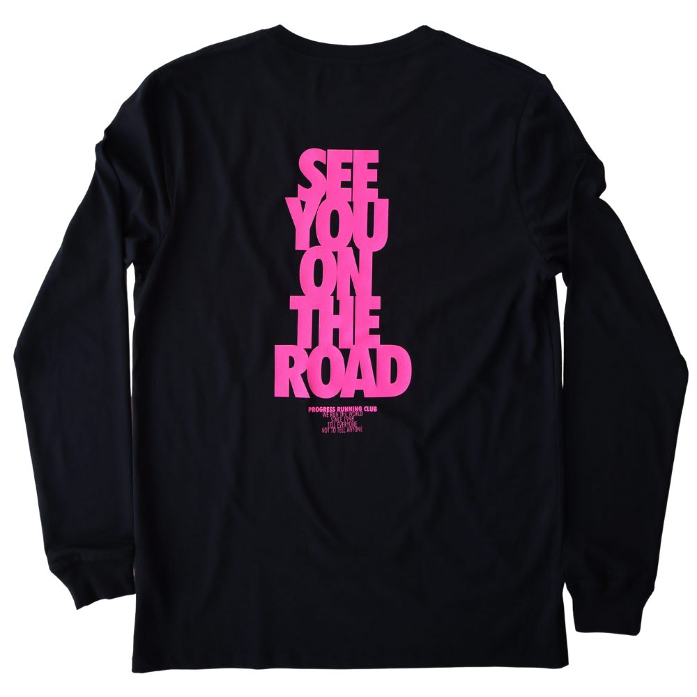 Progress Running Club See You On the Road Long Sleeve T-shirt in Black and Neon Pink